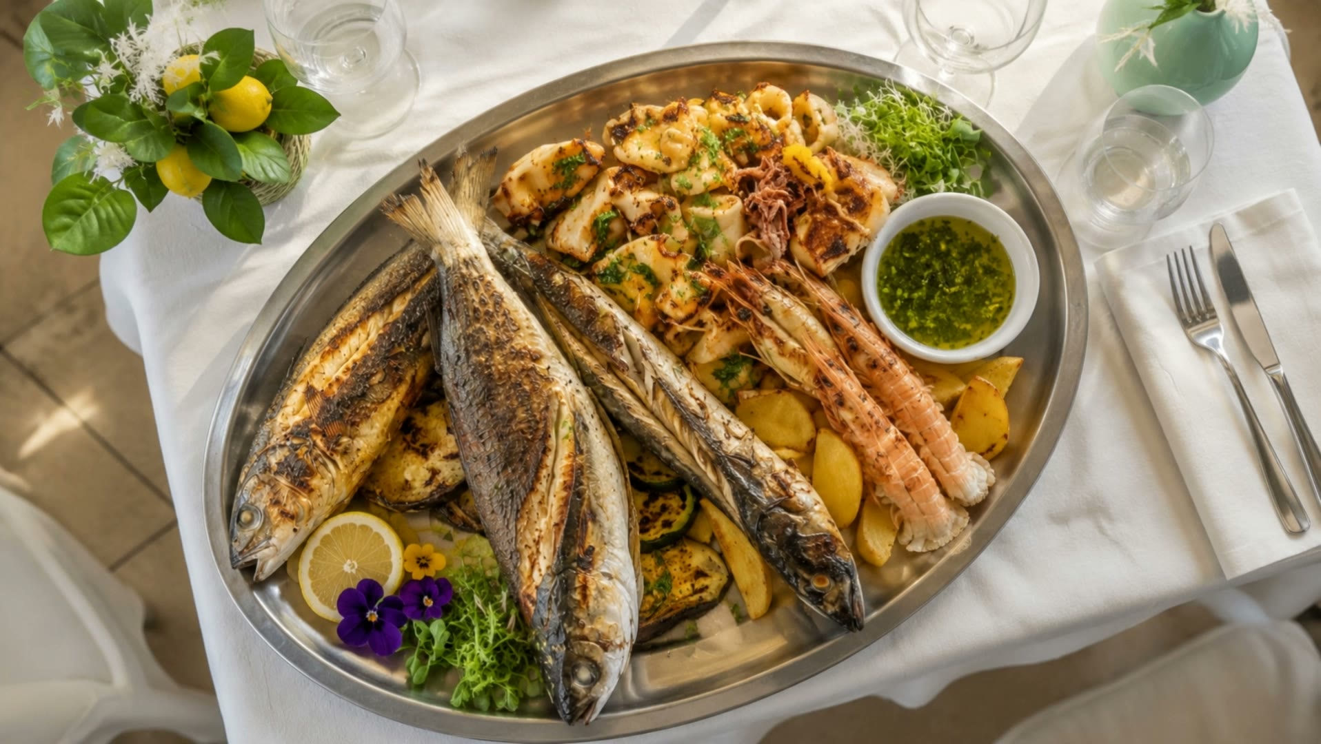 An El Toro seafood platter on a linen-covered table